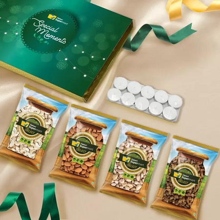 India Desire : Flipkart Steal Deal: Get 60% Off On Dry Fruits Gift Box (Almonds, Cashews, Raisins, Roasted & Salted Pistachios + 10 pcs Tealight Candles)